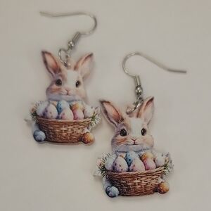 Charming Brown and White Bunny Basket Earrings